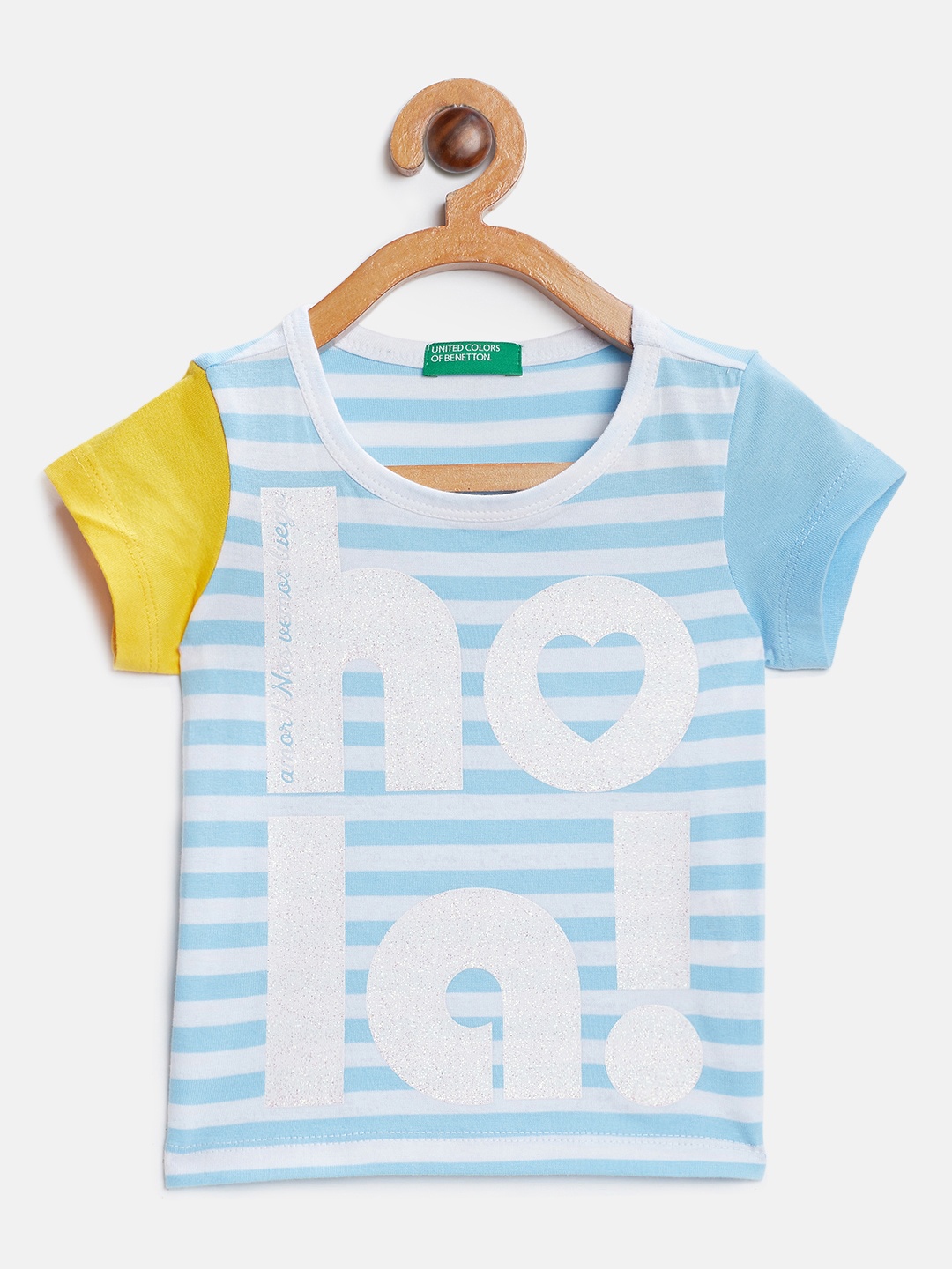 

United Colors of Benetton Girls White Blue Striped Round Neck Pure Cotton T-shirt