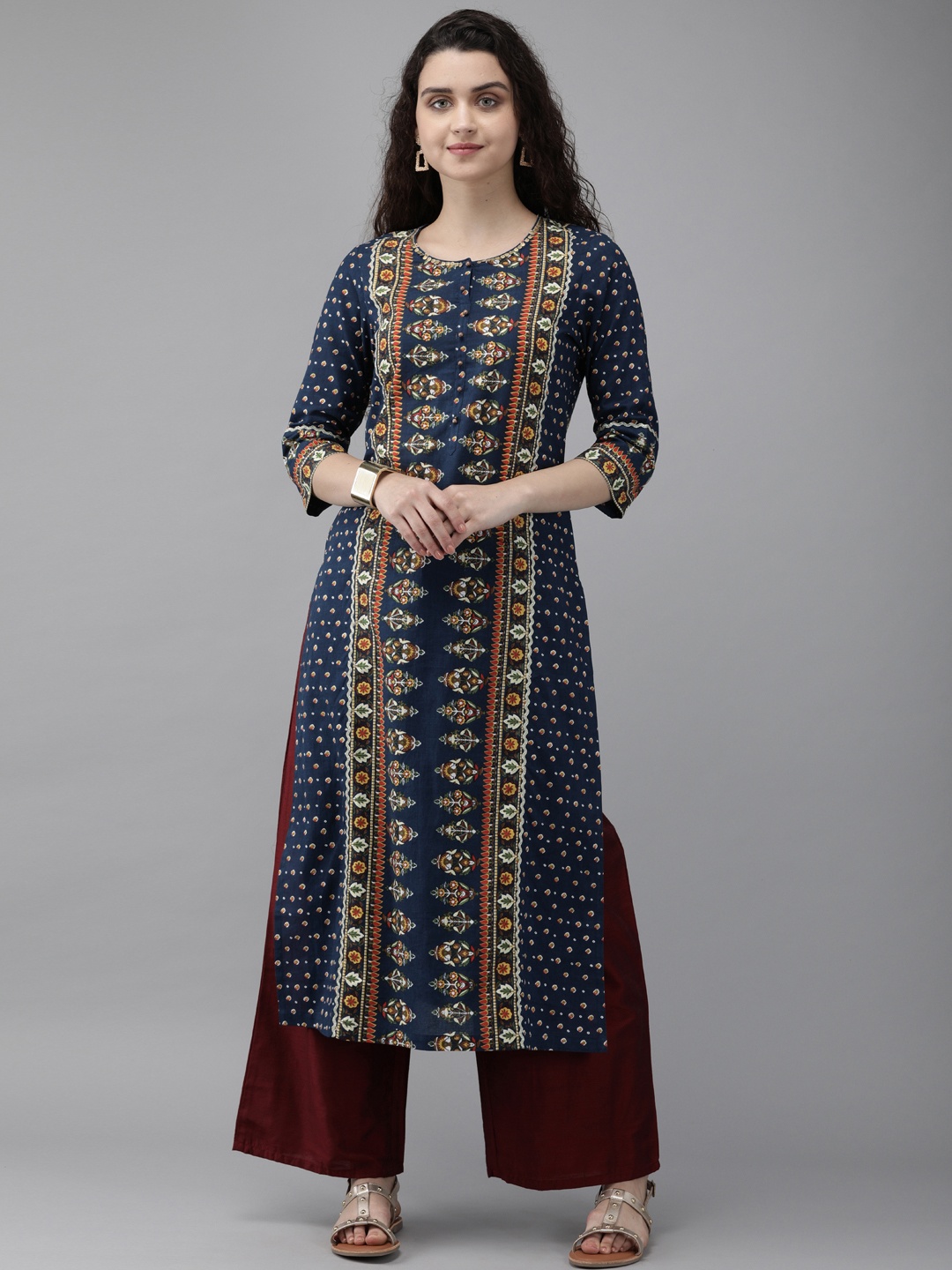 

Rain & Rainbow Women Navy Blue & Orange Printed Straight Kurta