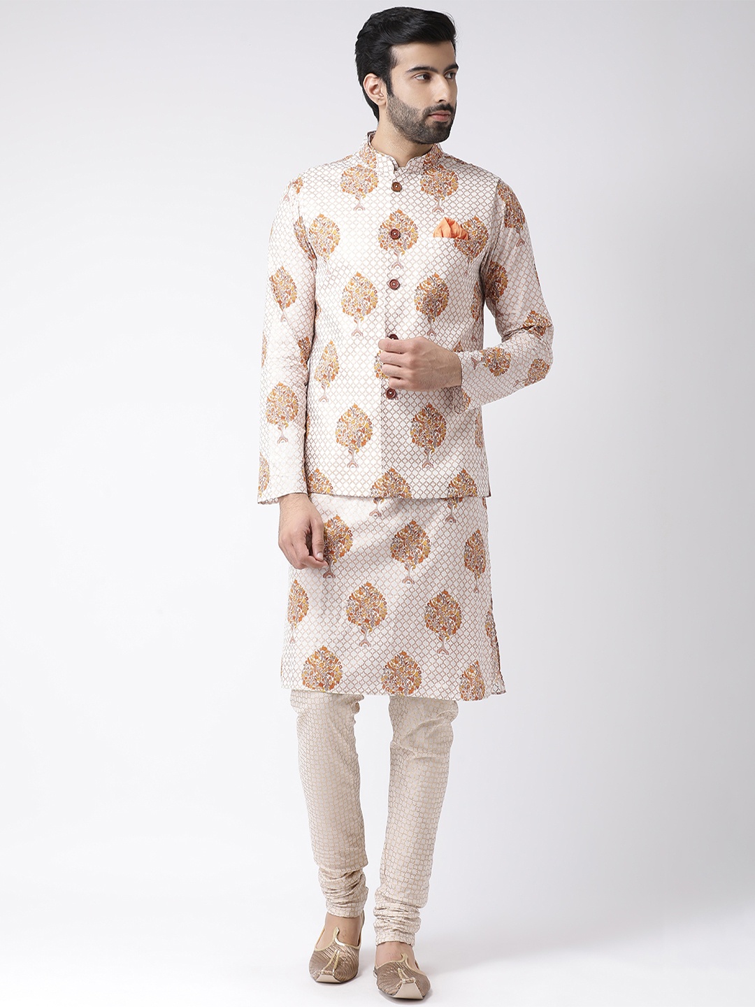 

KISAH Men Printed Kurta with Churidar & Jacket Set, Yellow