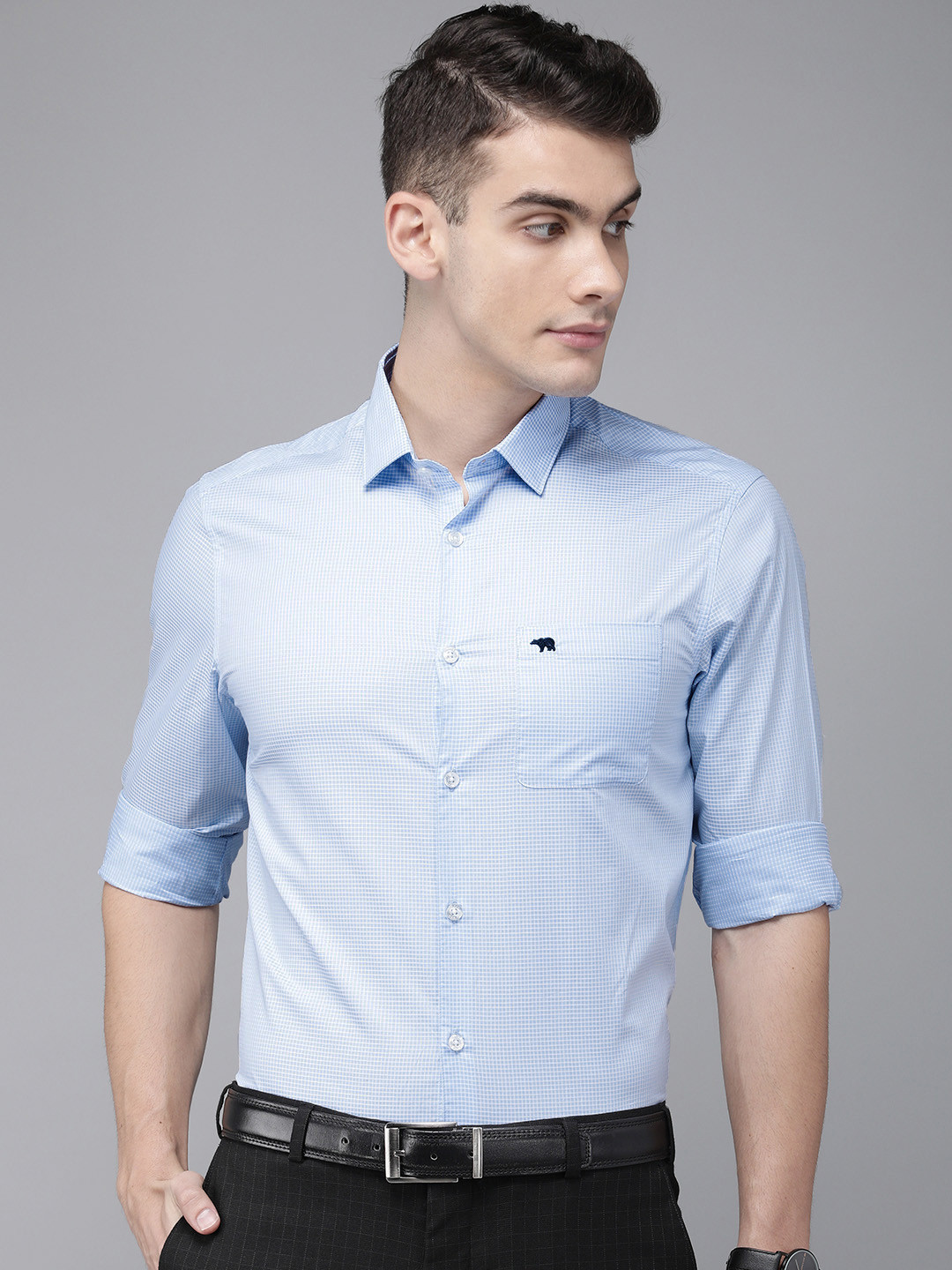

THE BEAR HOUSE Men Blue & White Slim Fit Self Checked Formal Shirt