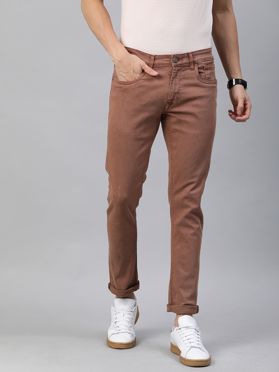 

WROGN Men Rust Brown Slim Fit Mid-Rise Clean Look Stretchable Jeans