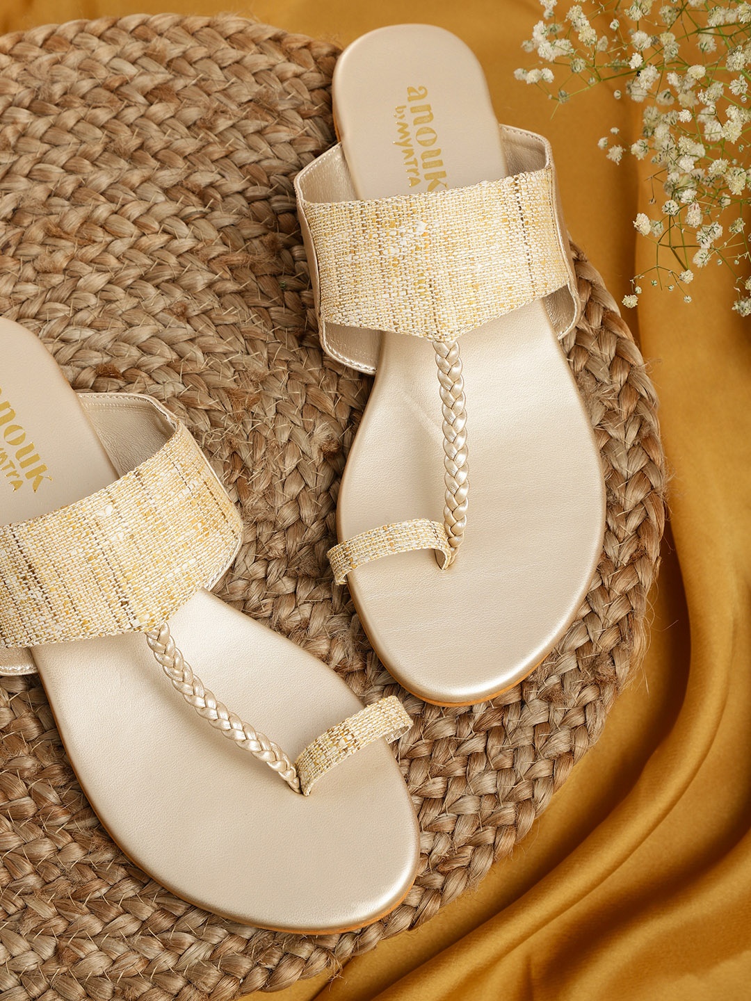 

Anouk Women Beige Woven Design One Toe Flats