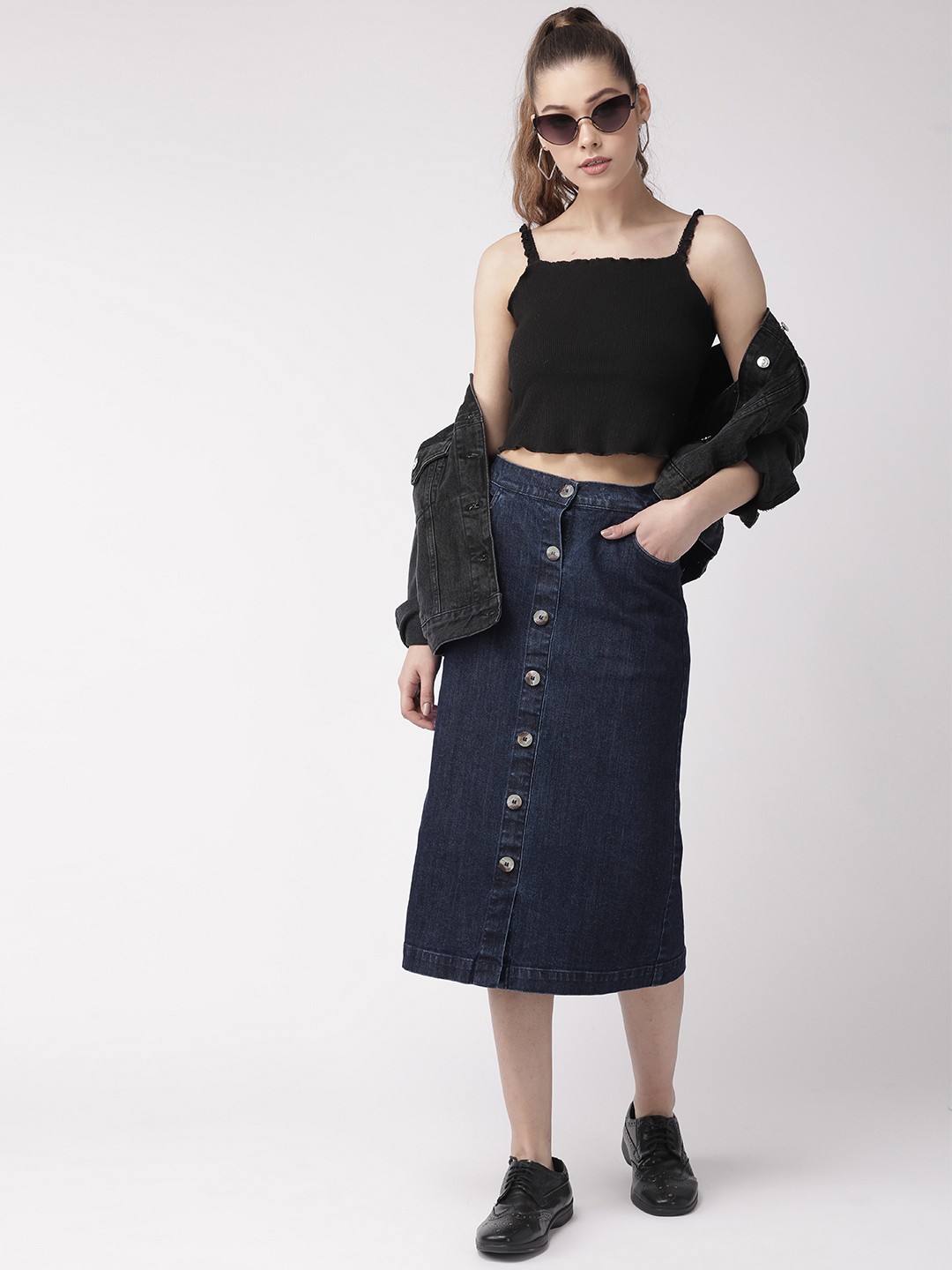 

20Dresses Navy Blue Washed Denim Straight Skirt