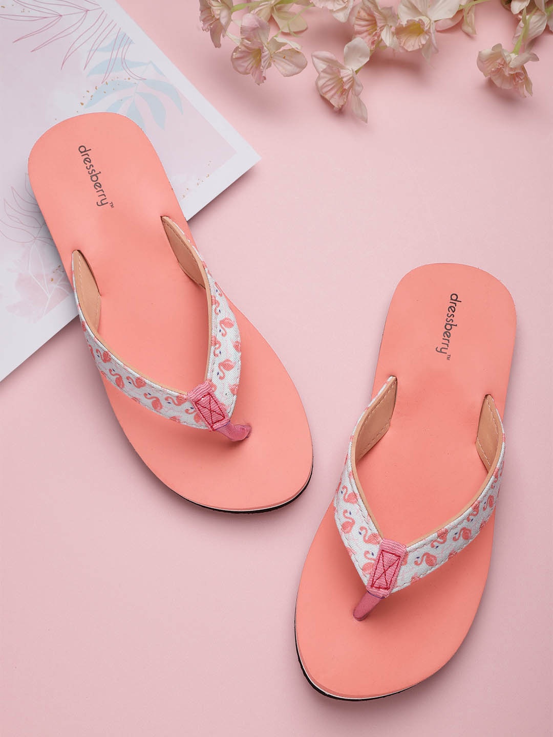 

DressBerry Women Grey & Peach-Coloured Printed Thong Flip-Flops