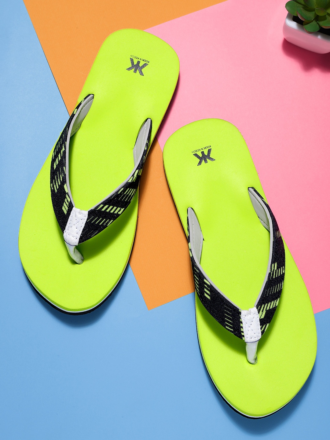 

Kook N Keech Women Black & Fluorescent Green Printed Thong Flip-Flops