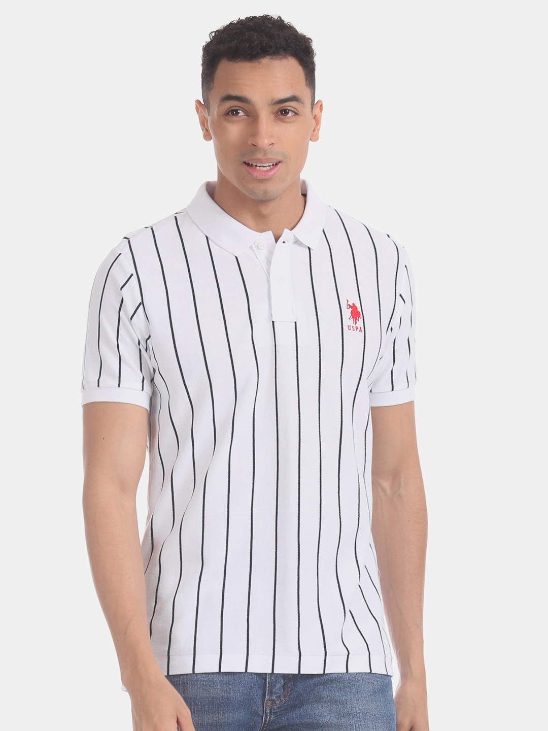 

U.S. Polo Assn. Men White Striped Polo Collar T-shirt