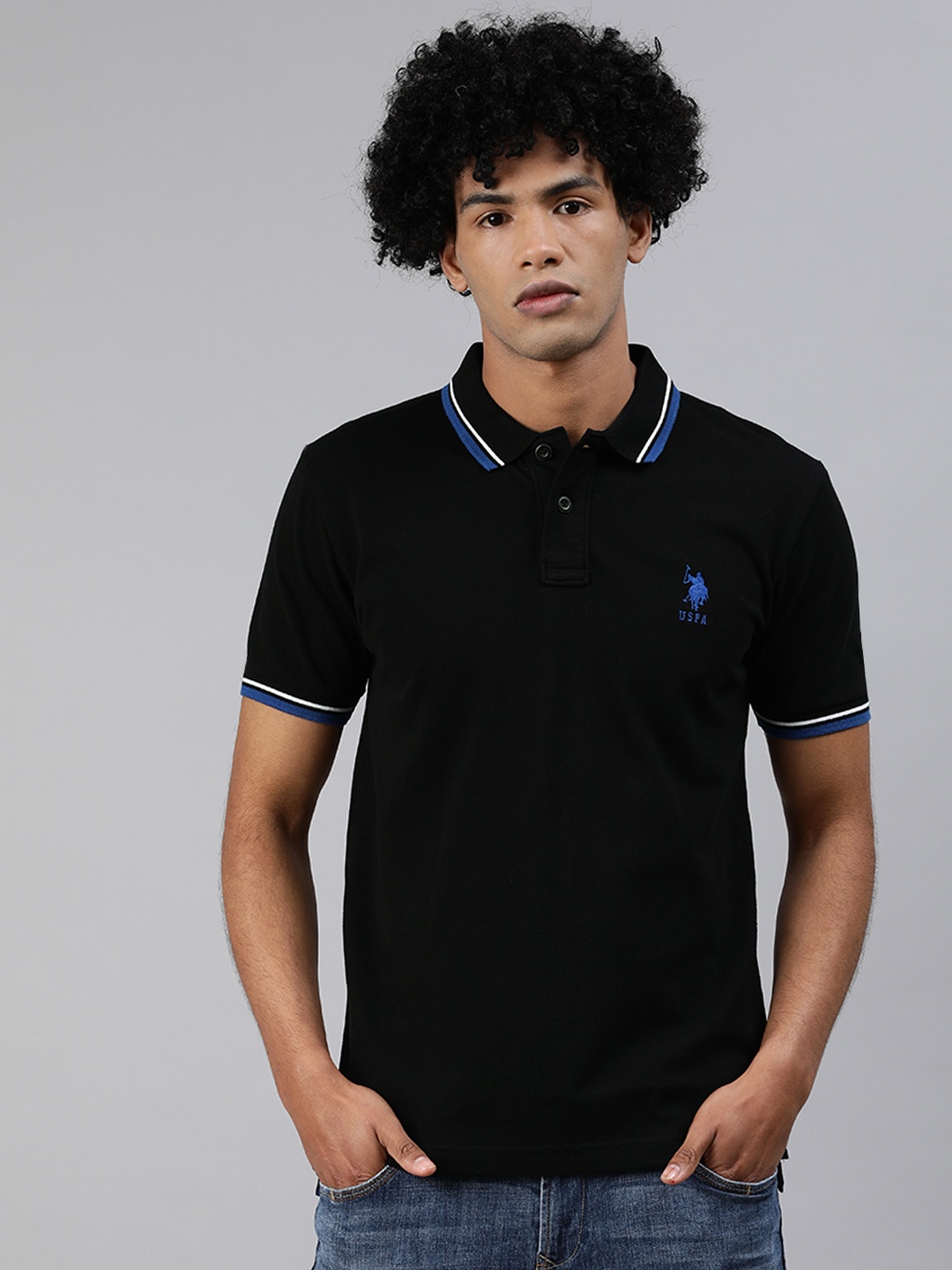 

U.S. Polo Assn. Men Black Solid Polo Collar Pure Cotton T-shirt