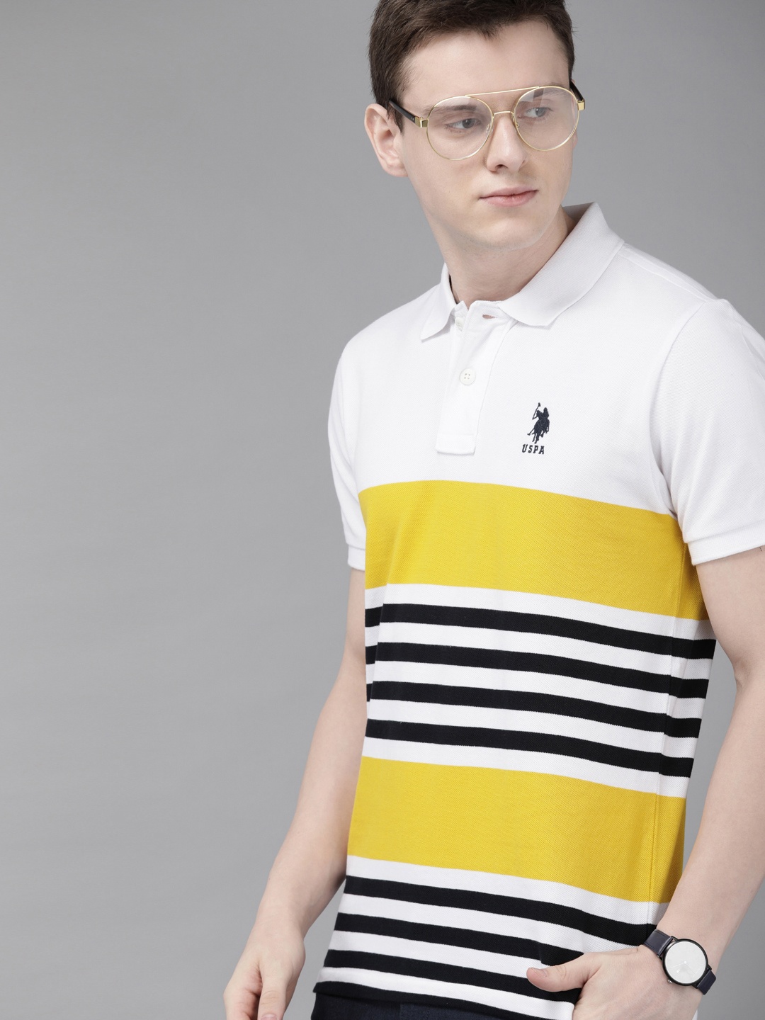 

U.S. Polo Assn. Men White Yellow Striped Polo Collar Pure Cotton T-shirt