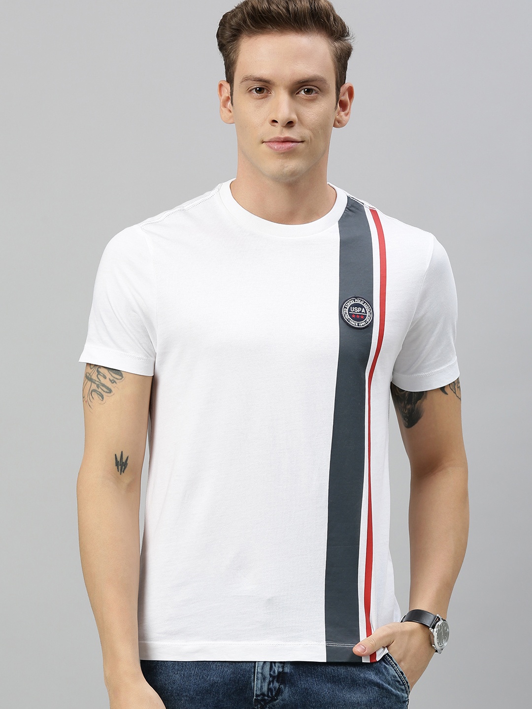 

U.S. Polo Assn. Men White Black Striped Round Neck Pure Cotton T-shirt
