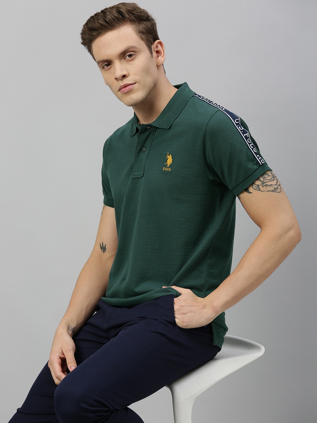 

U.S. Polo Assn. Men Teal Green Solid Polo Collar T-shirt
