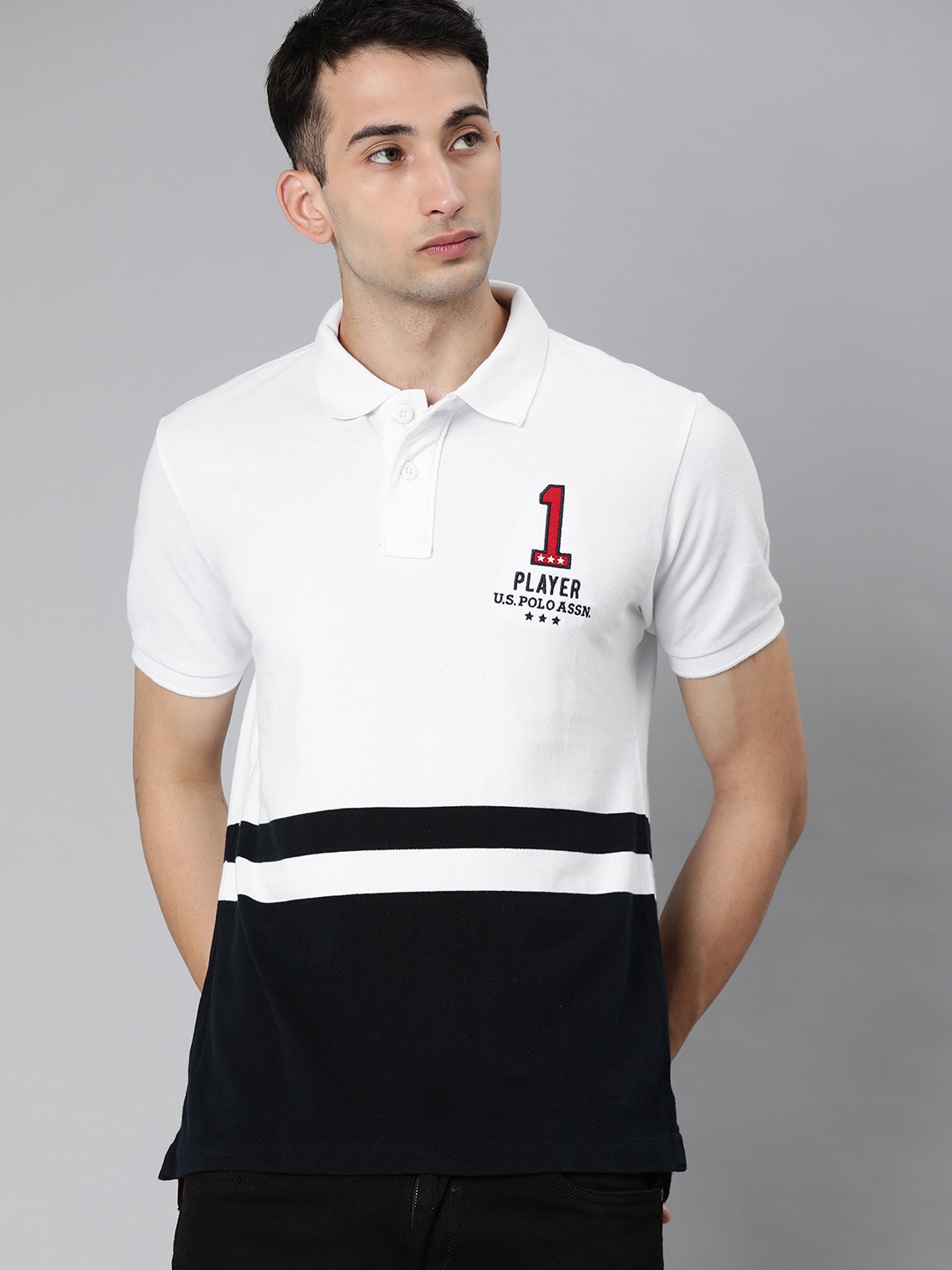 

U.S. Polo Assn. Men White Colourblocked Polo Collar Pure Cotton T-shirt