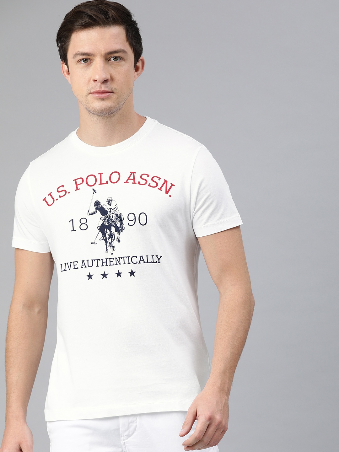 

U.S. Polo Assn. Men White Printed Round Neck Pure Cotton T-shirt