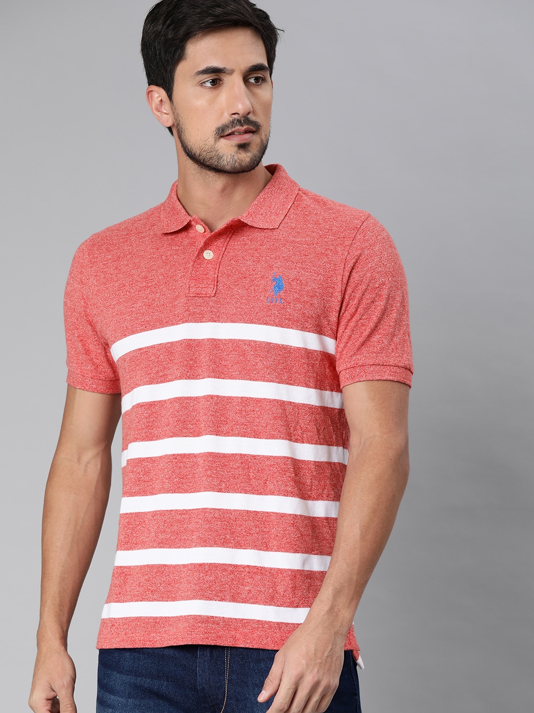 

U.S. Polo Assn. Men Coral Pink White Striped Polo Collar Pure Cotton T-shirt