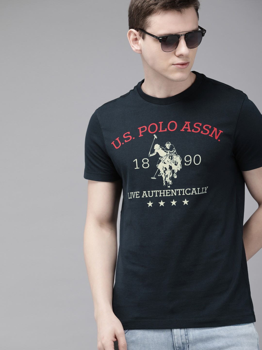 

U.S. Polo Assn. Men Navy Blue Printed Round Neck Pure Cotton T-shirt