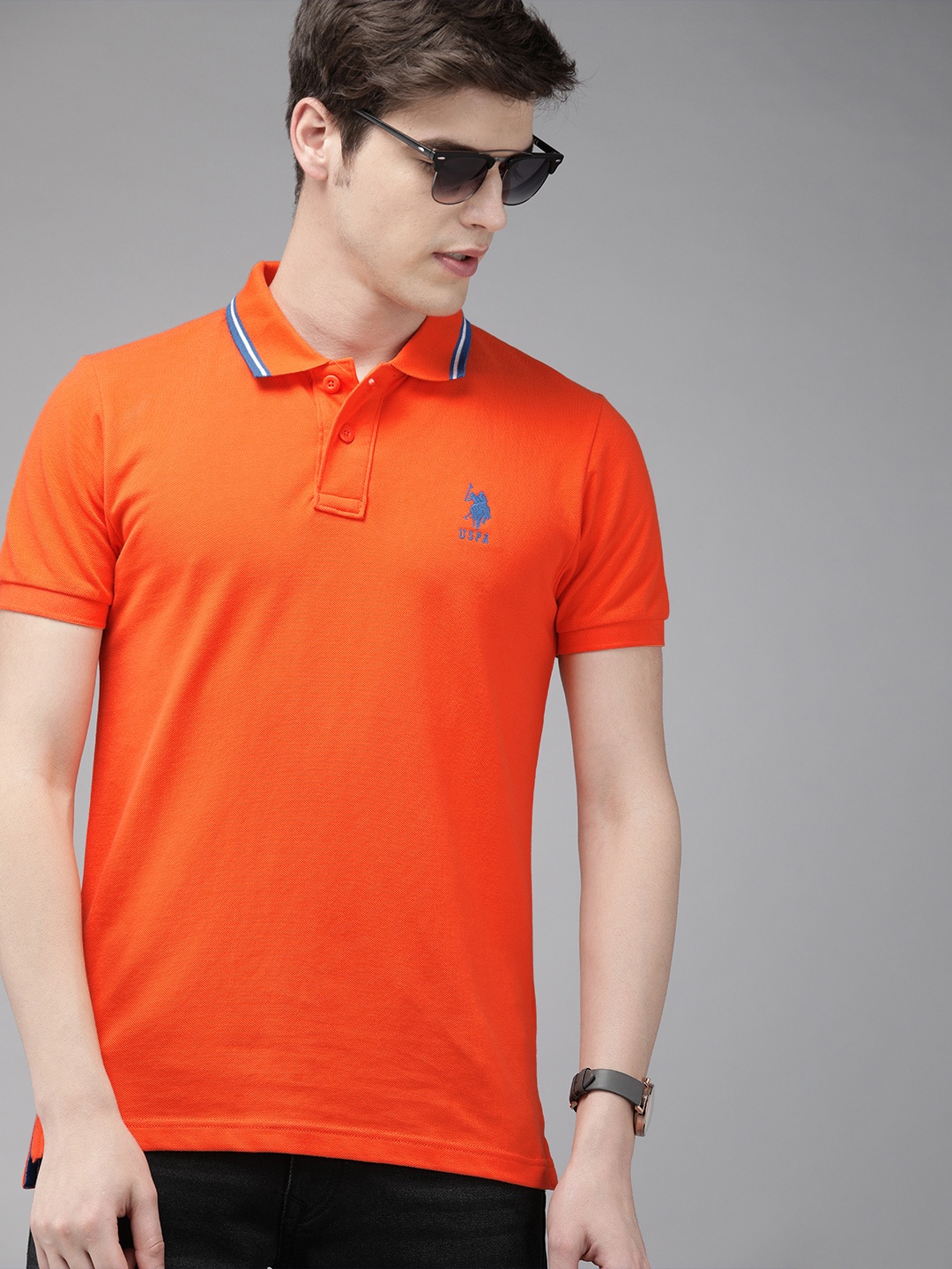 

U.S. Polo Assn. Men Orange Solid Polo Collar Pure Cotton T-shirt