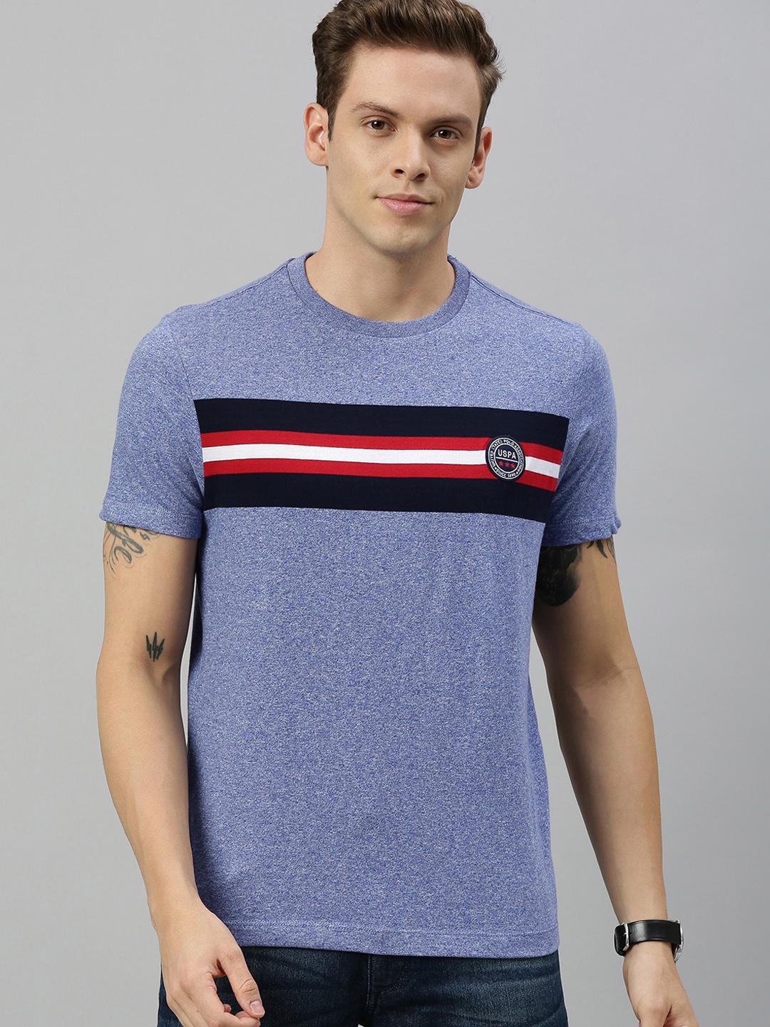 

U.S. Polo Assn. Men Blue Black Striped Round Neck Pure Cotton T-shirt