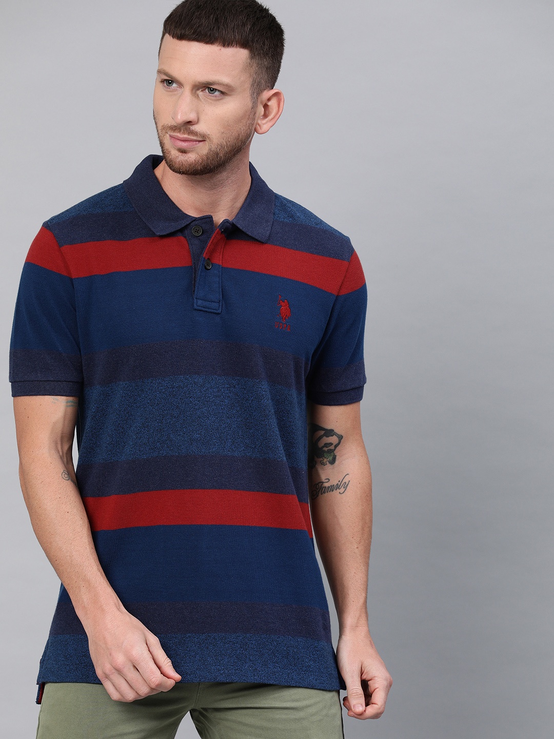 

U.S. Polo Assn. Men Navy Blue Red Striped Polo Collar Pure Cotton T-shirt