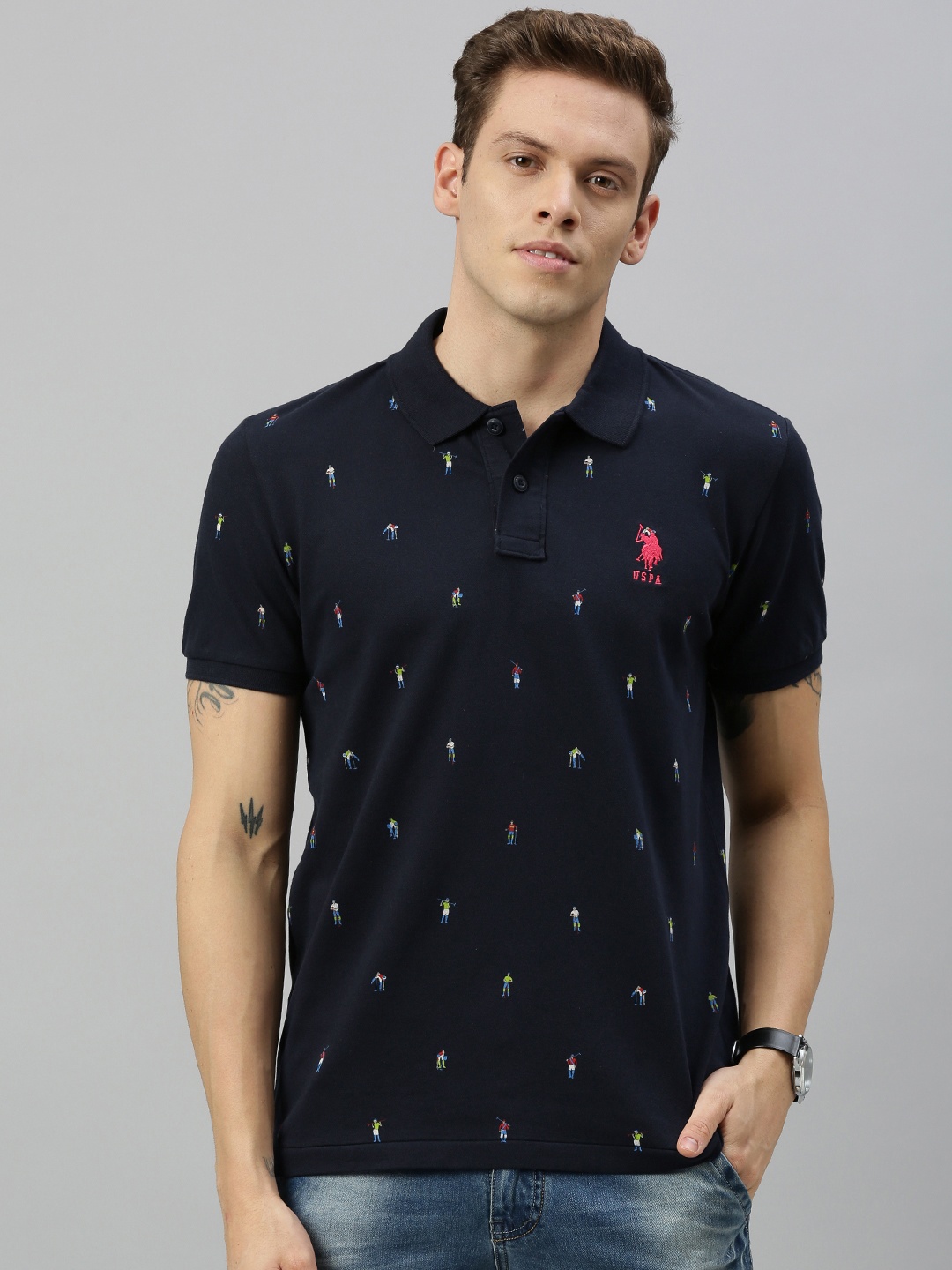 

U.S. Polo Assn. Men Navy Blue & White Printed Polo Collar T-shirt