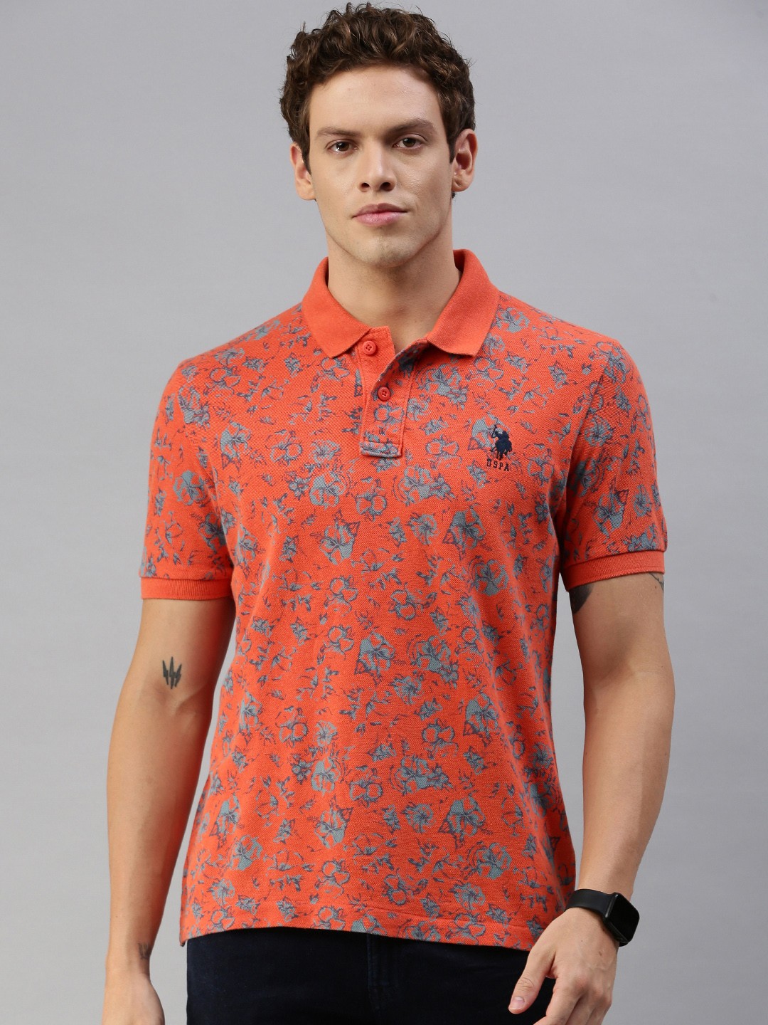 

U.S. Polo Assn. Men Orange Floral Printed Polo Collar T-shirt
