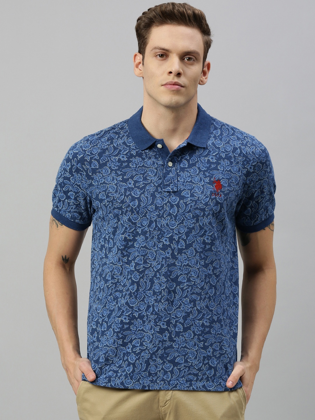 

U.S. Polo Assn. Men Blue Printed Polo Collar T-shirt