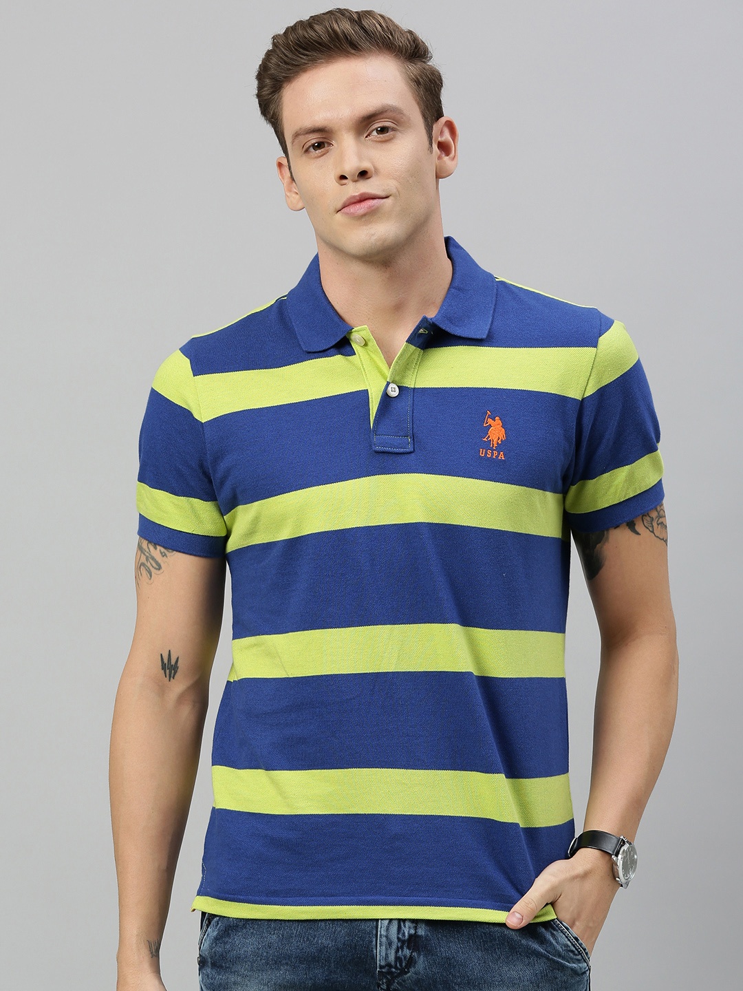 

U.S. Polo Assn. Men Blue Green Striped Polo Collar Pure Cotton T-shirt