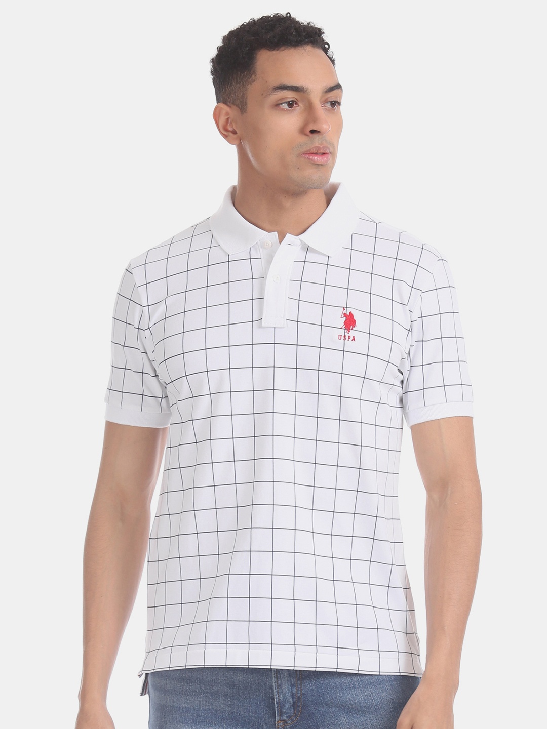 

U.S. Polo Assn. Men White Checked Polo Collar T-shirt