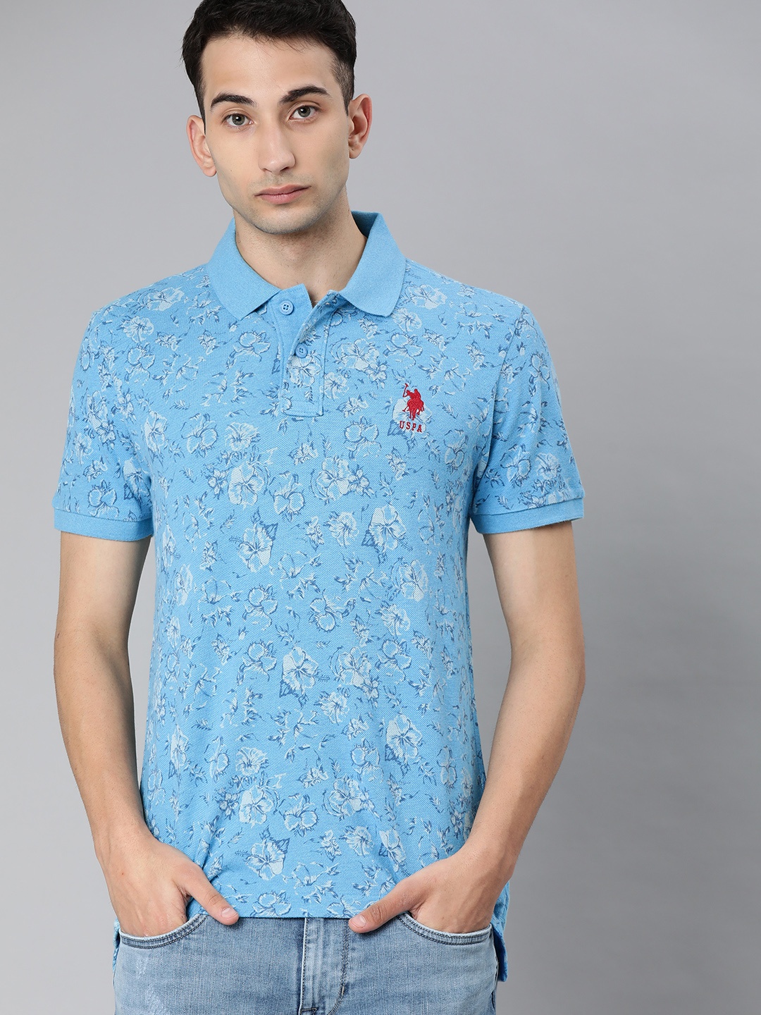 

U.S. Polo Assn. Men Blue Floral Printed Polo Collar Pure Cotton T-shirt
