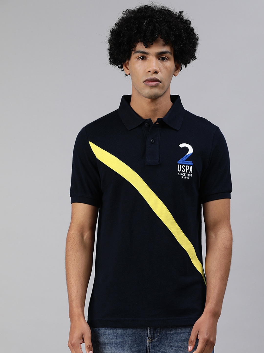 

U.S. Polo Assn. Men Navy Blue Striped Polo Collar Pure Cotton T-shirt with Embroidery