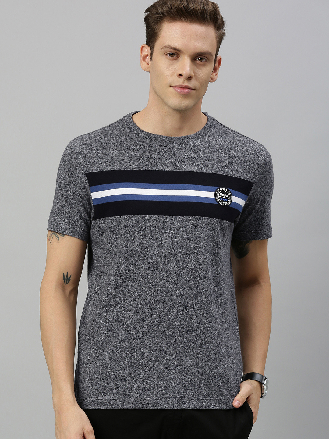 

U.S. Polo Assn. Men Charcoal Grey Black Striped Round Neck Pure Cotton T-shirt