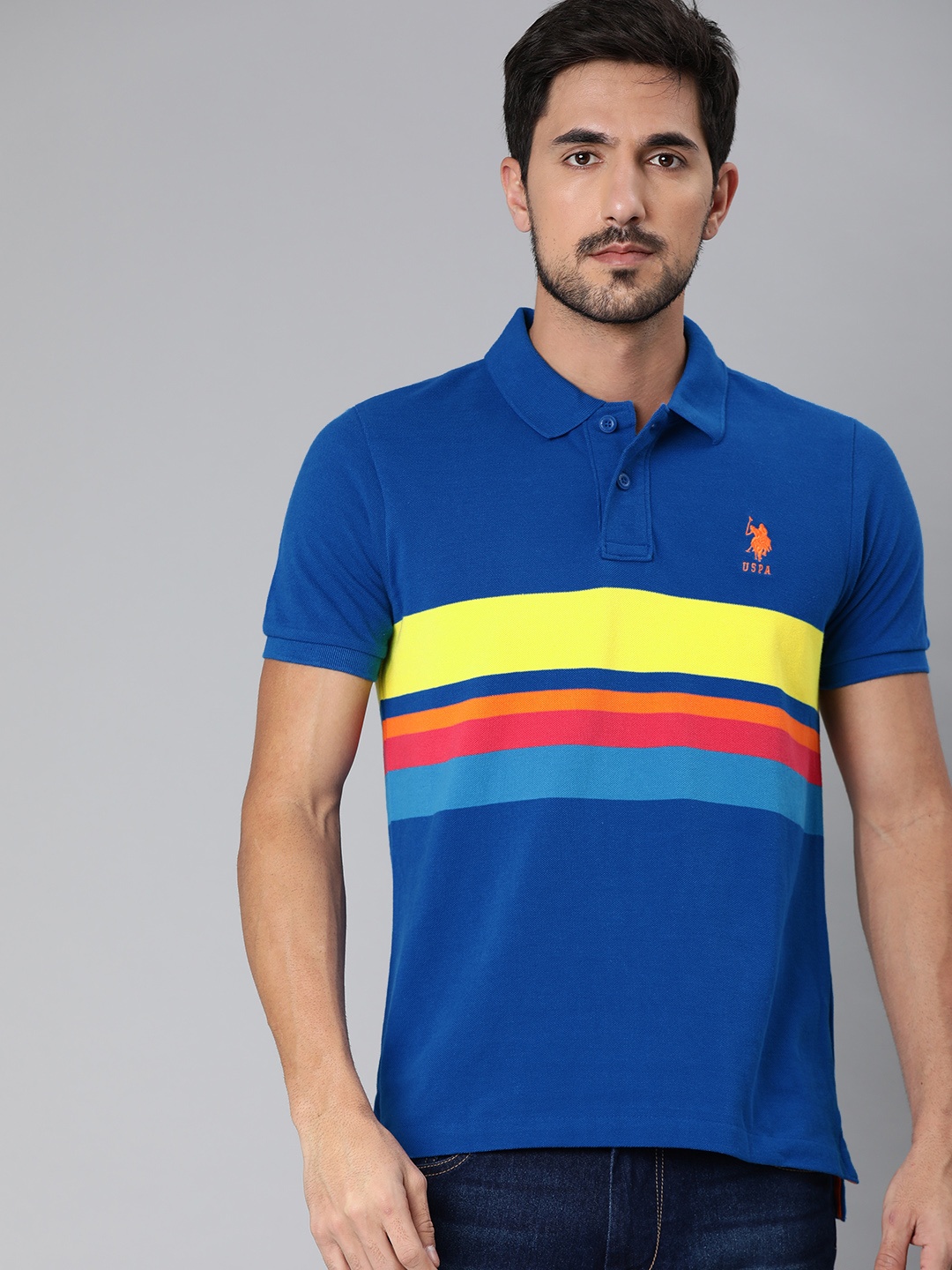 

U.S. Polo Assn. Men Blue Yellow Striped Polo Collar Pure Cotton T-shirt