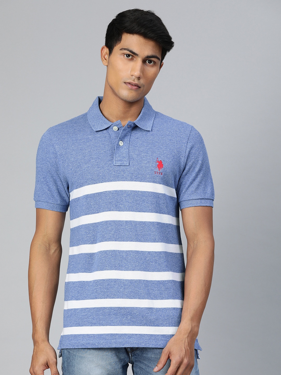 

U.S. Polo Assn. Men Blue & White Striped Polo Collar T-shirt