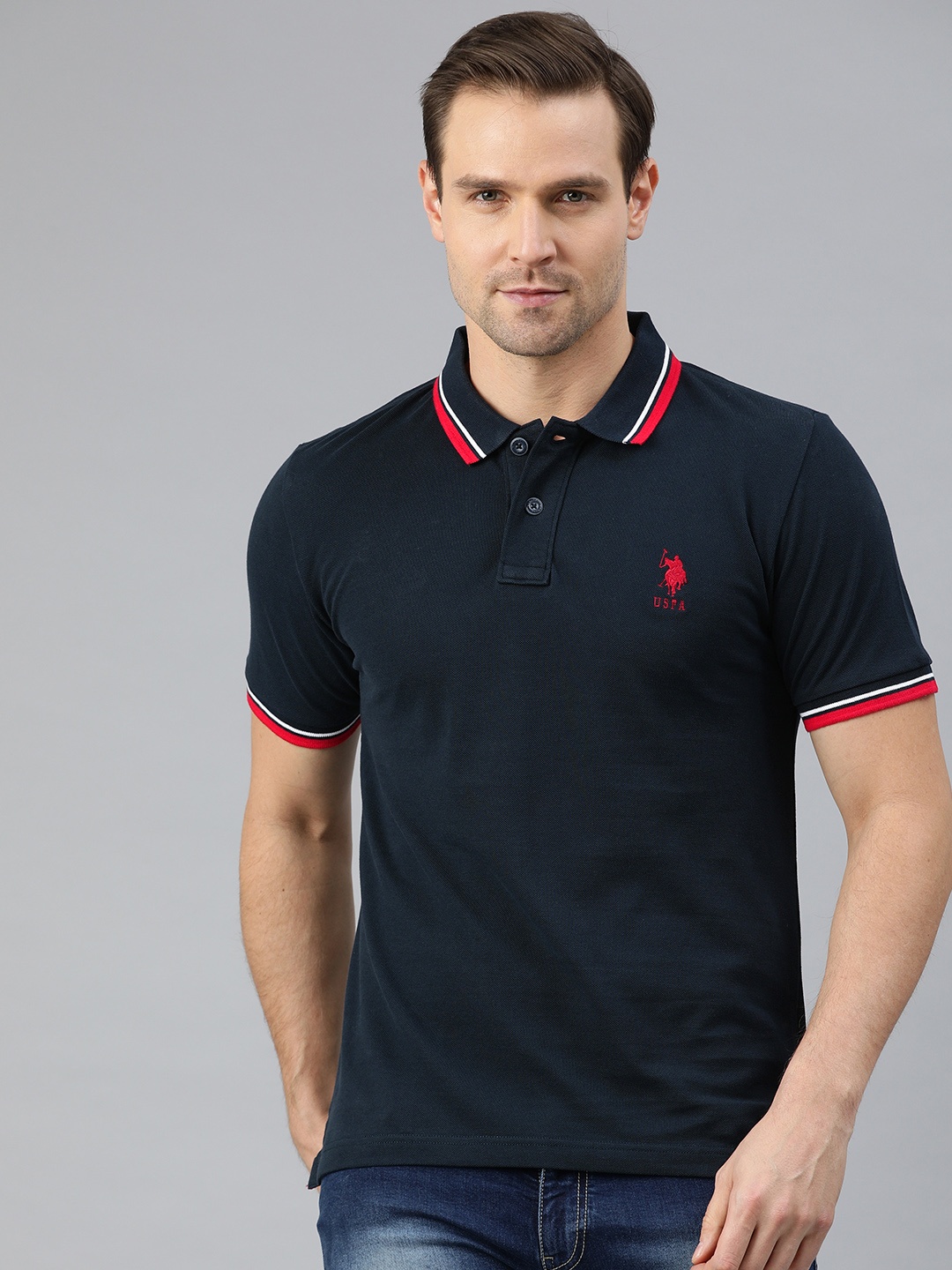 

U.S. Polo Assn. Men Navy Blue Solid Polo Collar Pure Cotton T-shirt