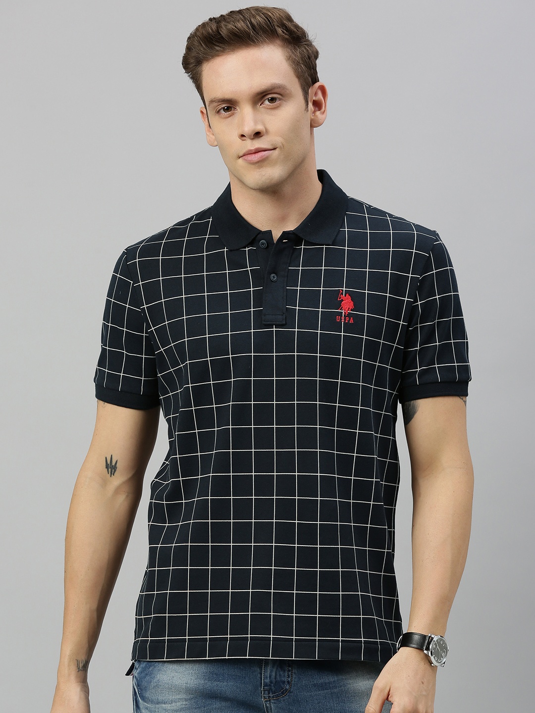 

U.S. Polo Assn. Men Navy Blue & White Checked Polo Collar T-shirt