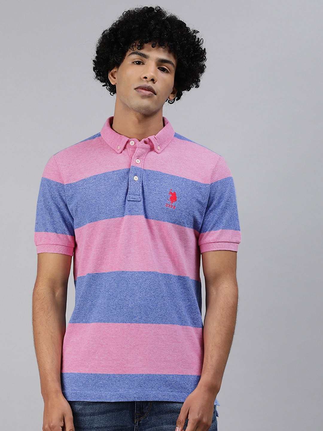 

U.S. Polo Assn. Men Pink Blue Striped Polo Collar Pure Cotton T-shirt