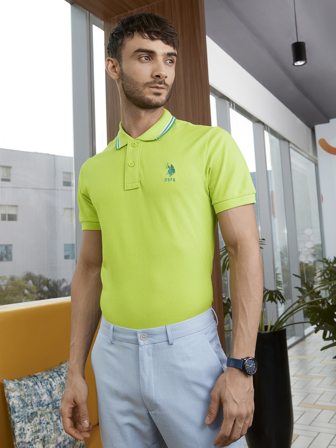 

U.S. Polo Assn. Men Green Solid Polo Collar Pure Cotton T-shirt