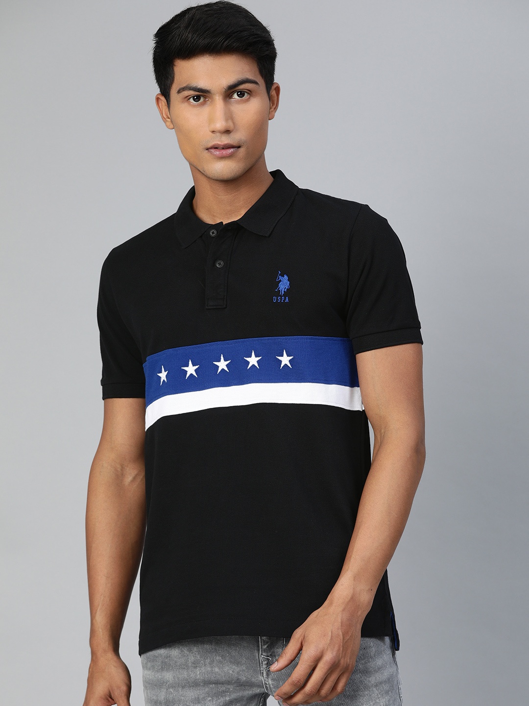 

U.S. Polo Assn. Men Black & Blue Striped Polo Collar T-shirt