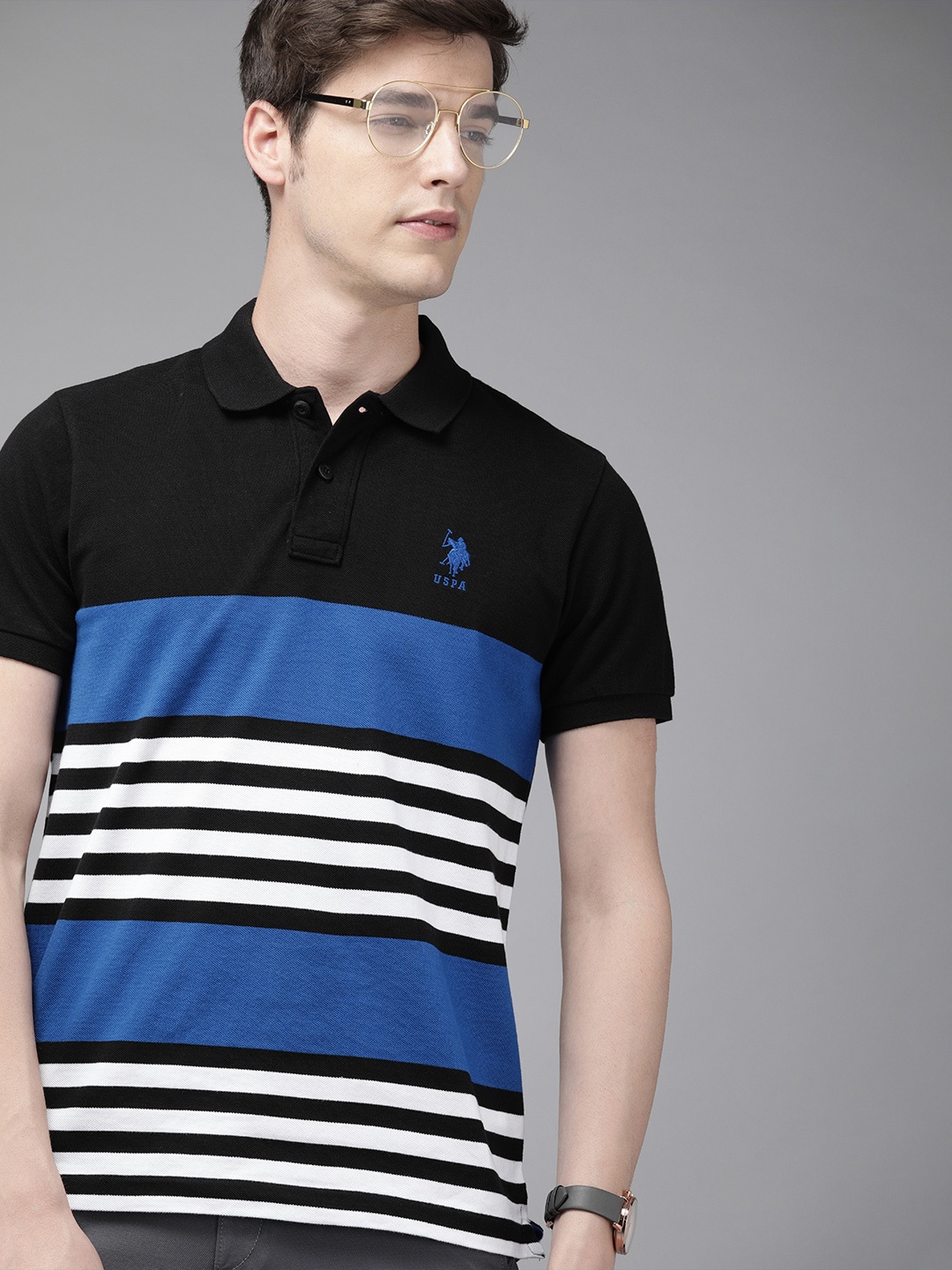 

U.S. Polo Assn. Men Black White Striped Polo Collar Pure Cotton T-shirt