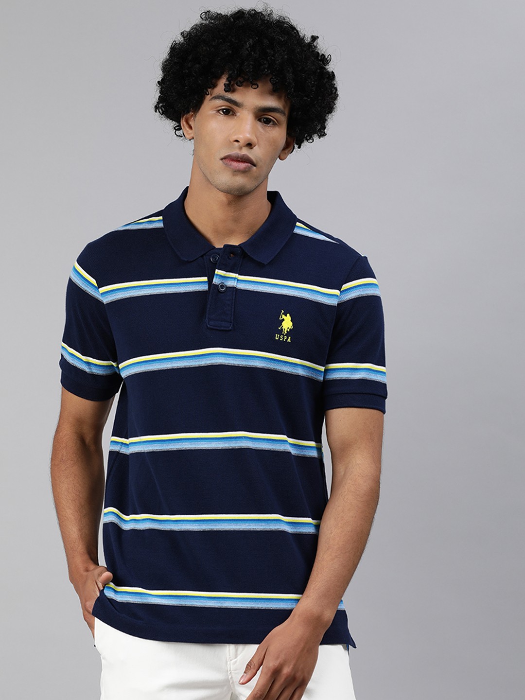 

U.S. Polo Assn. Men Navy Blue Yellow Striped Polo Collar Pure Cotton T-shirt