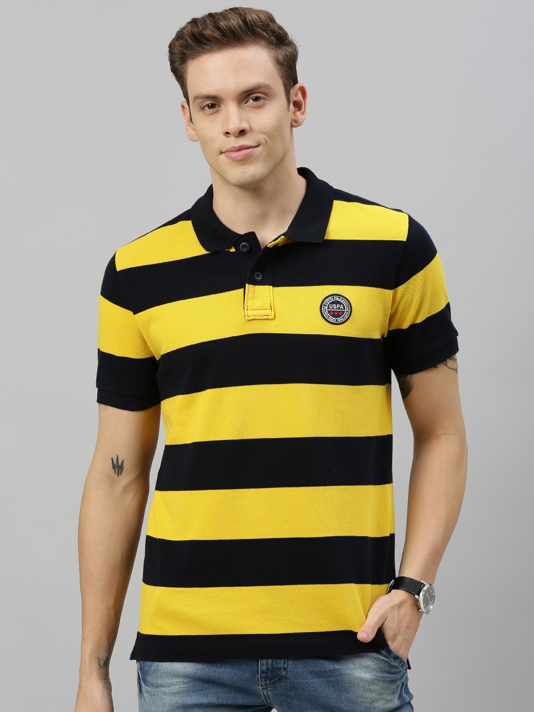 

U.S. Polo Assn. Men Navy Blue Yellow Striped Polo Collar Pure Cotton T-shirt