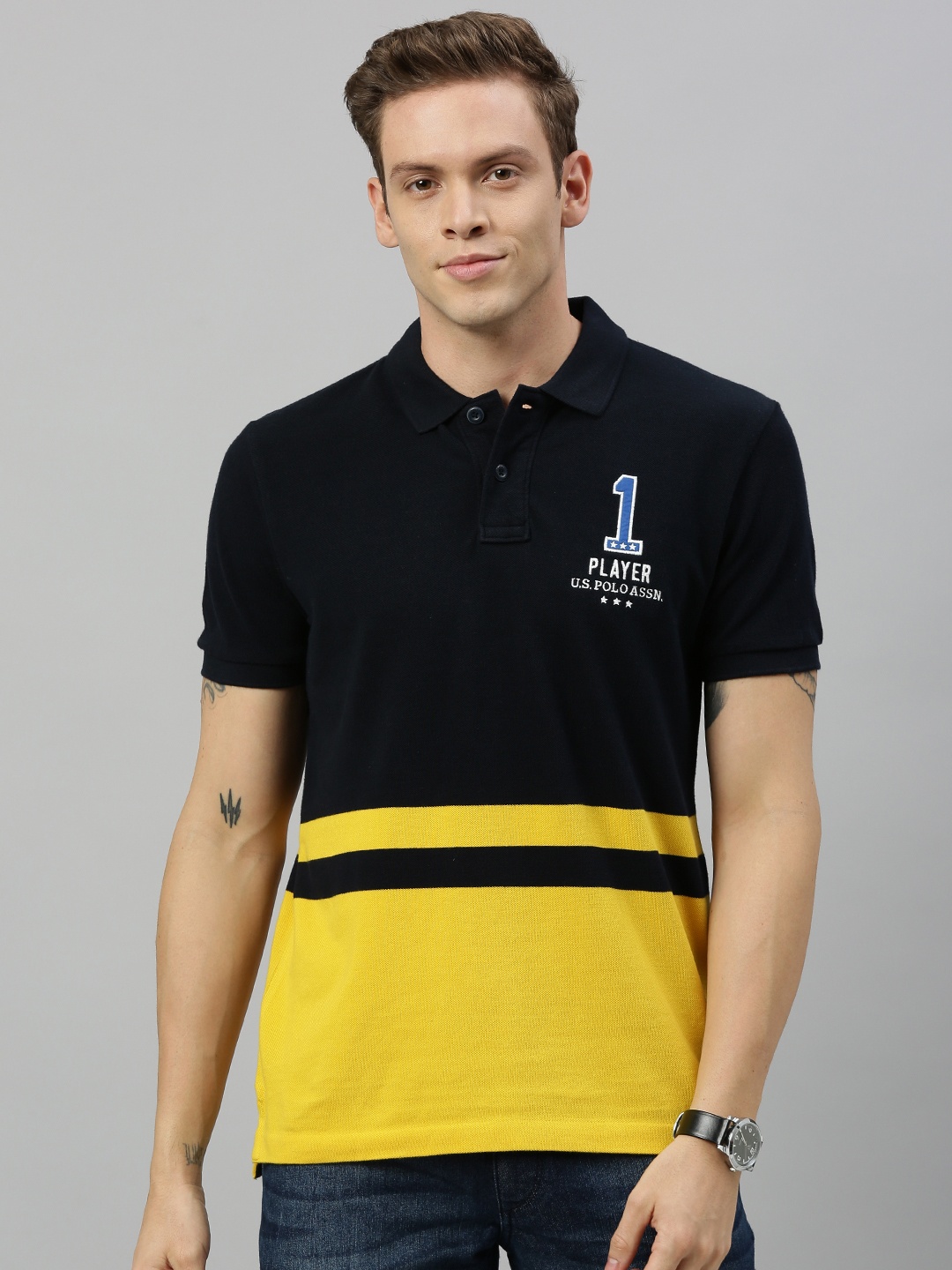 

U.S. Polo Assn. Men Navy Blue & Yellow Colourblocked Polo Collar T-shirt
