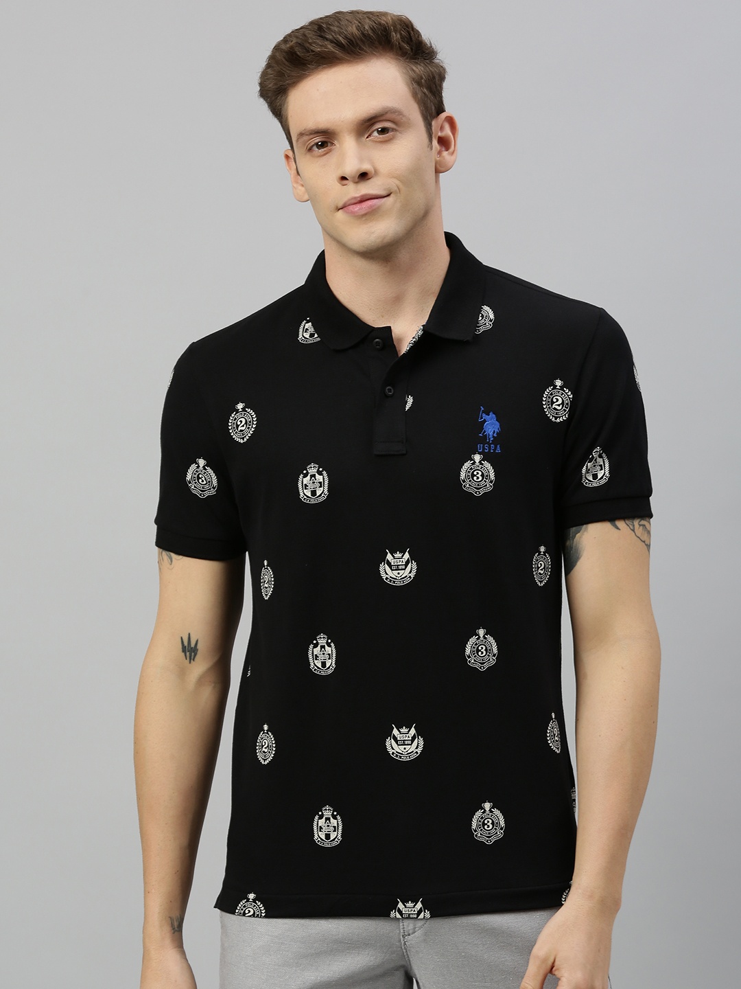 

U.S. Polo Assn. Men Black & White Varsity Printed Polo Collar T-shirt