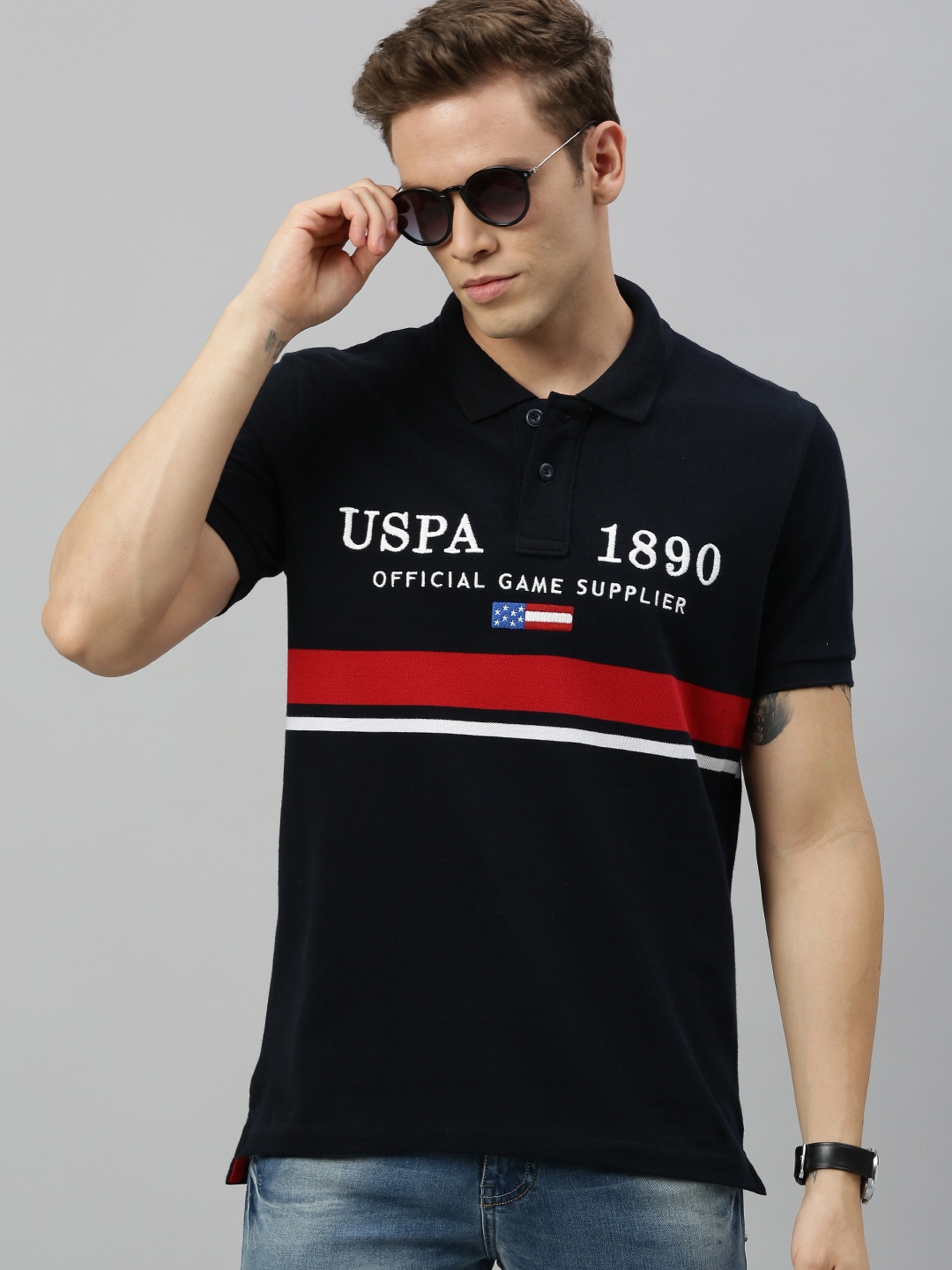 

U.S. Polo Assn. Men Navy Blue Striped Embroidered Polo Collar Pure Cotton T-shirt