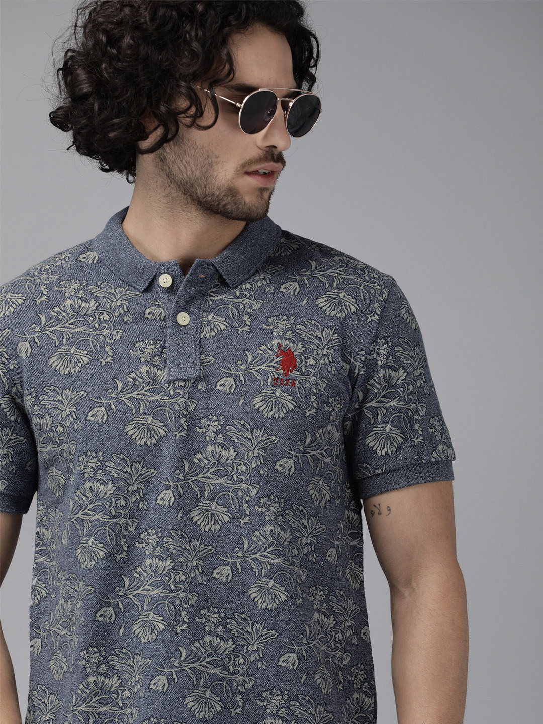 

U.S. Polo Assn. Men Navy Grey Pure Cotton Floral Print Polo Collar Pure Cotton T-shirt, Navy blue