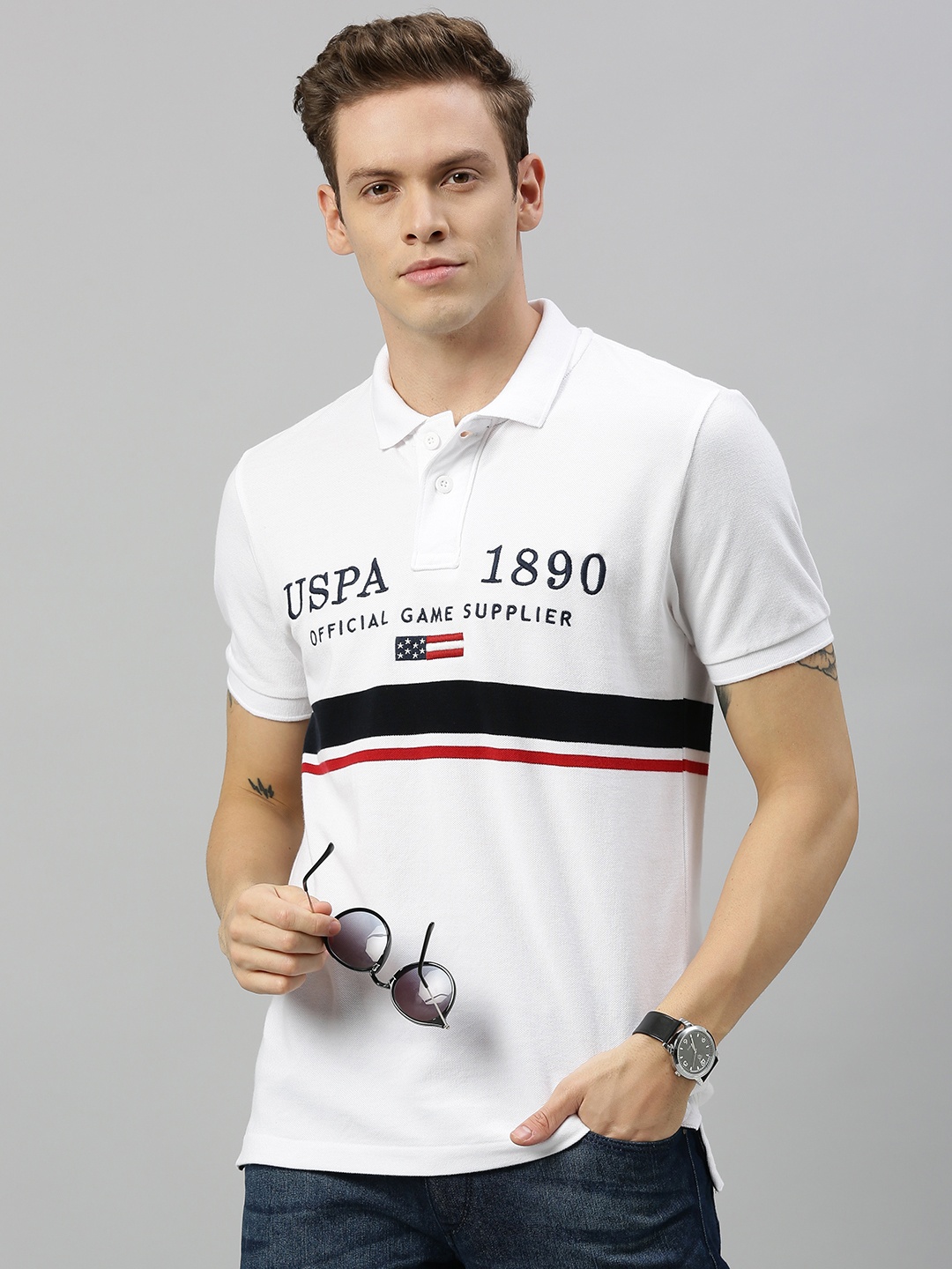 

U.S. Polo Assn. Men White Printed Polo Collar Pure Cotton T-shirt