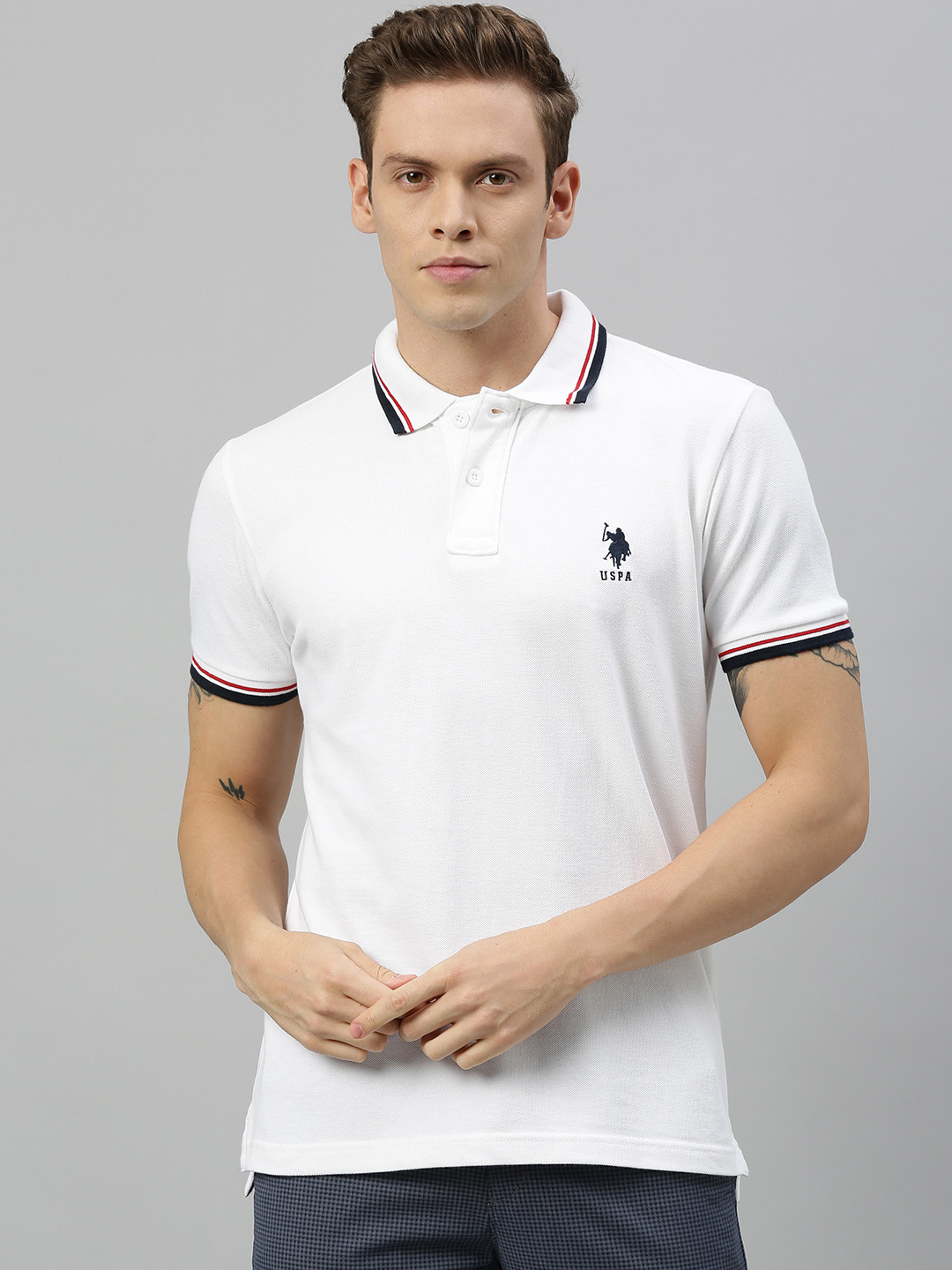 

U.S. Polo Assn. Men White Solid Polo Collar Pure Cotton T-shirt