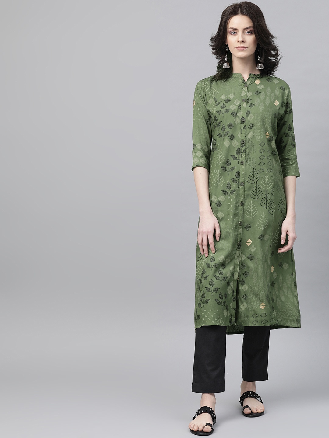 

Anubhutee Women Olive Green & Black Printed Kurta with Trousers