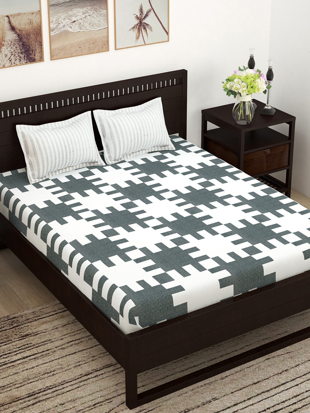 

Story@home Unisex White & Grey 144 TC Cotton 1 Queen Bedsheet with 2 Pillow Covers