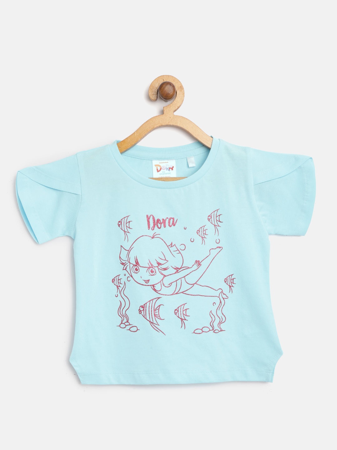 

toothless Girls Blue & Magenta Dora Printed Pure Cotton Top