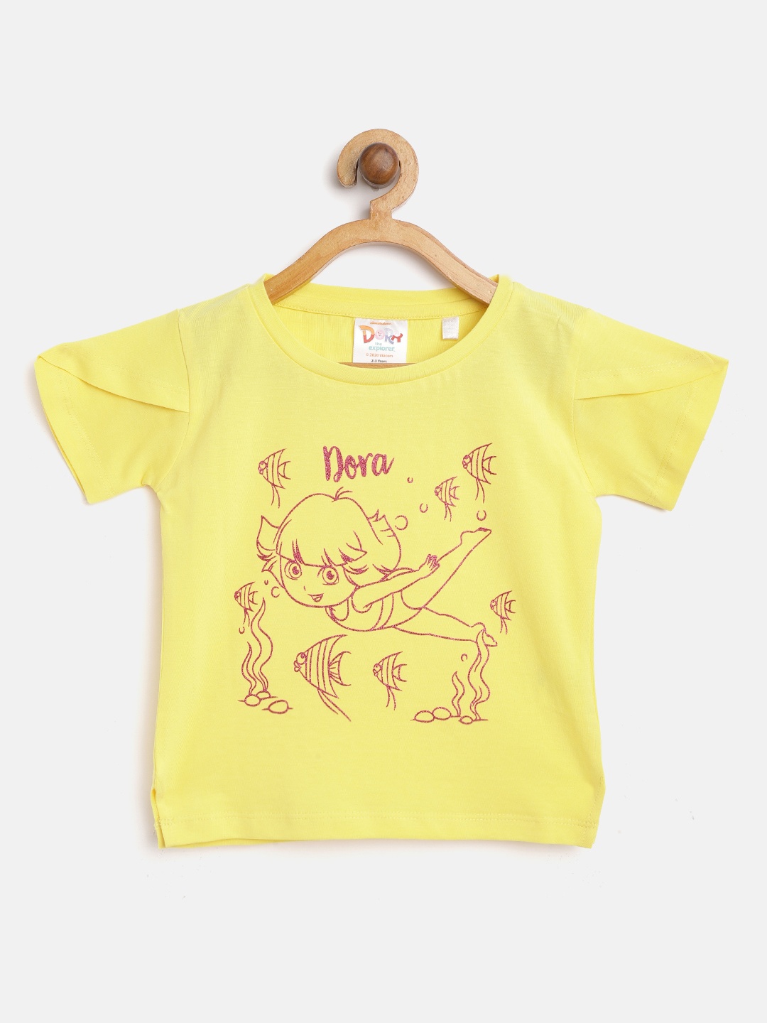 

toothless Girls Yellow & Magenta Dora Printed Pure Cotton Top
