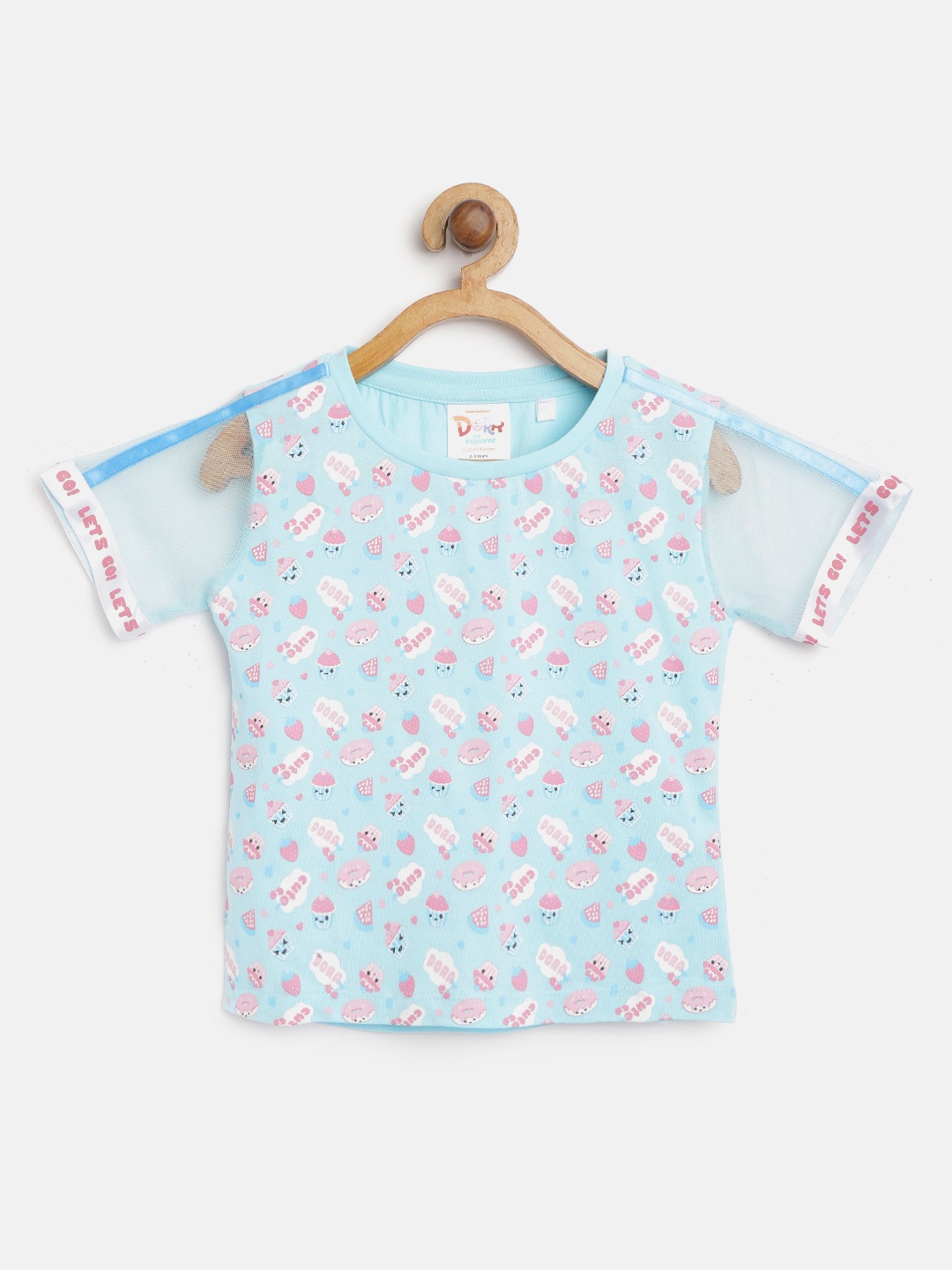 

toothless Girls Blue Pink Printed Round Neck Pure Cotton T-shirt
